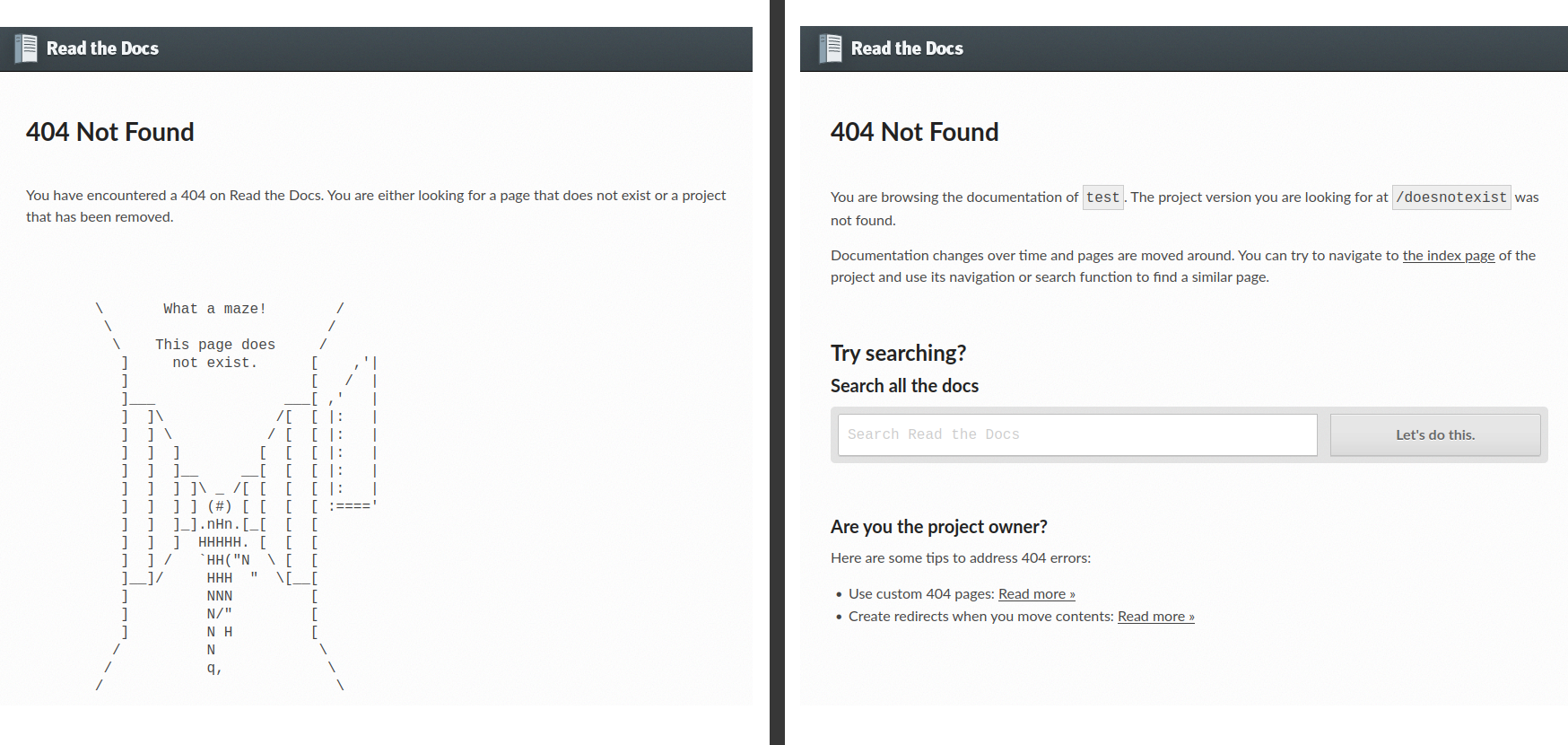 A screenshot of the old and new versions of our 404 pages.