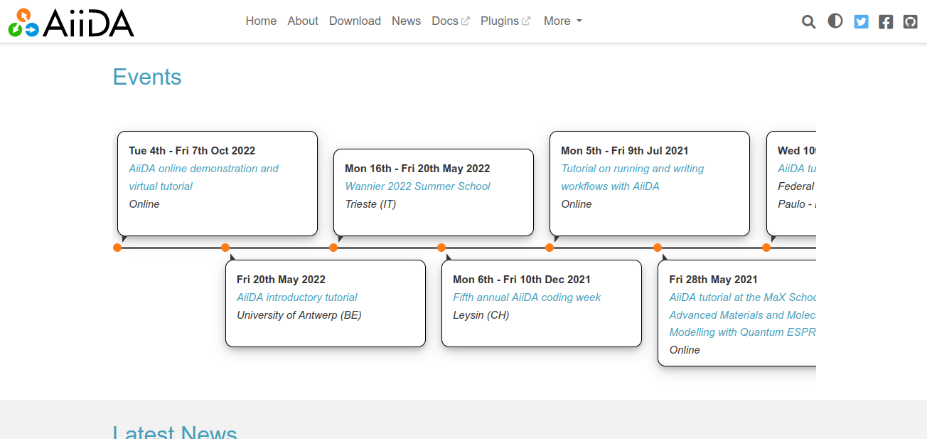 A screenshot from AiiDA's website with the timeline in action.